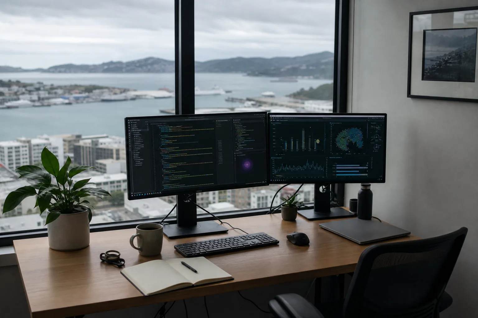 The Automate AI studio desk in Wellington, with the harbour through the window