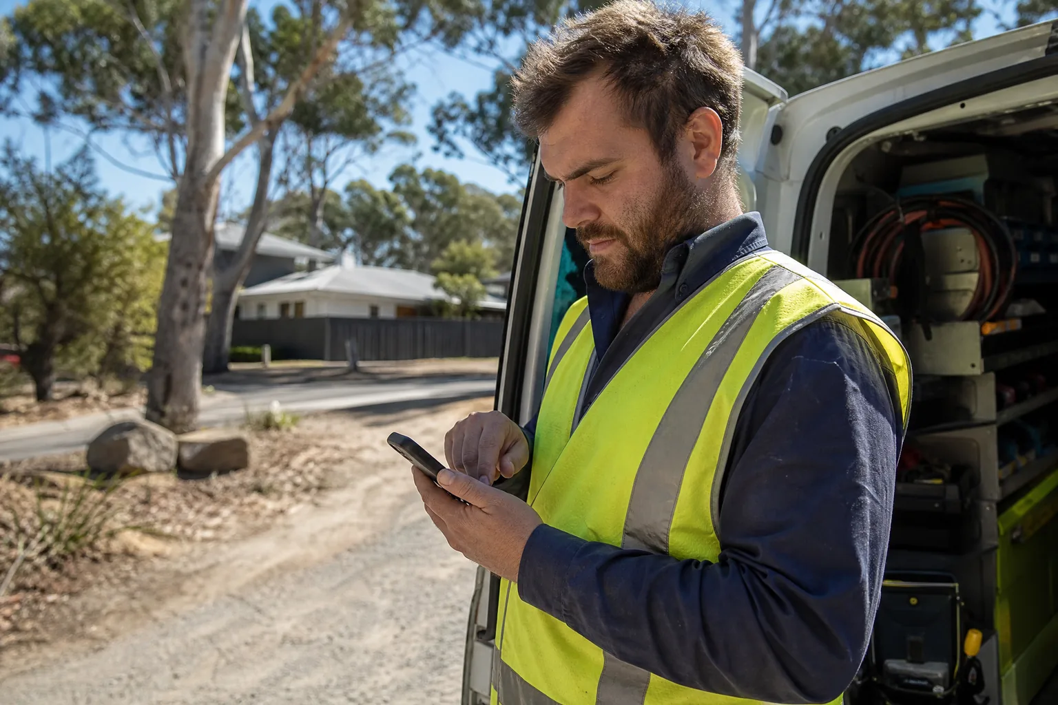 Electrician logging a job on a phone app at a residential site