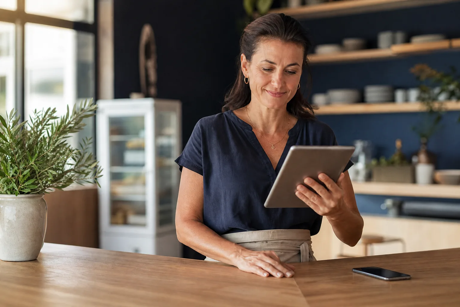 Small business owner at her counter with a tablet and phone